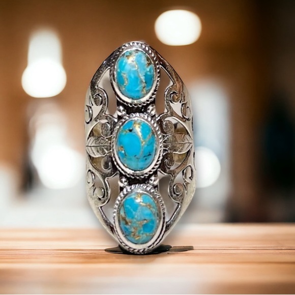 Vintage Handmade Genuine Turquoise Ring Solid 925 Sterling Silver Filigree Ring - Picture 10 of 15